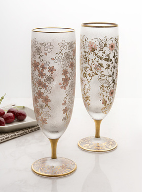 QIU器物 日本津轻EL DORADO樱花金箔 镶金磨砂玻璃复古啤酒杯礼盒