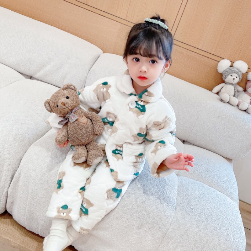 女童三层加绒加厚睡衣2025新款冬季儿童法兰绒家居服珊瑚绒女宝宝