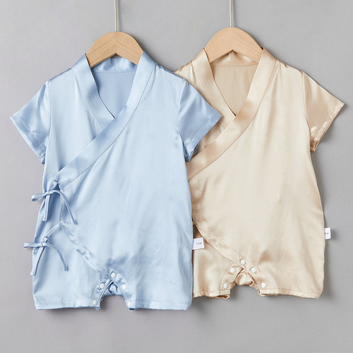 Cnsilk 100%桑蚕丝真丝新生婴儿和尚领连体服薄款爬爬服夏季丝绸