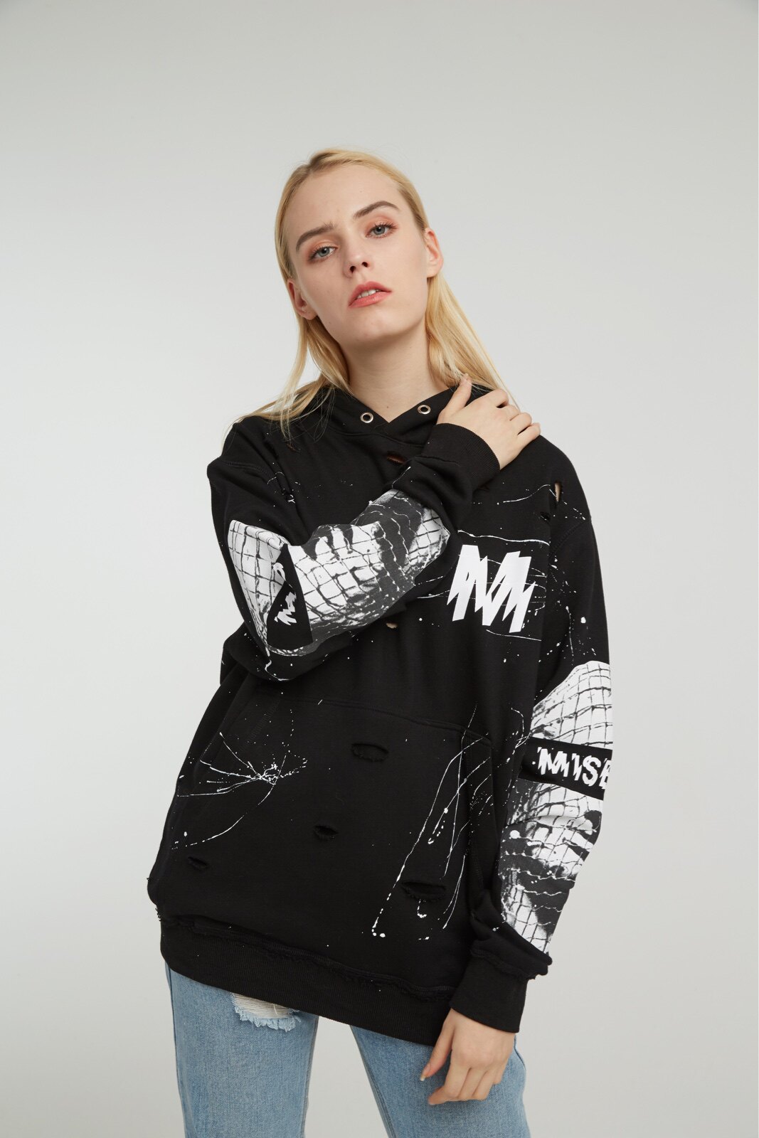 thumbnail for Svmei Style Polish Niche Brand Heavy-Duty Hooded Sweatshirt with Double Sleeves and Head Print in Black and Orange