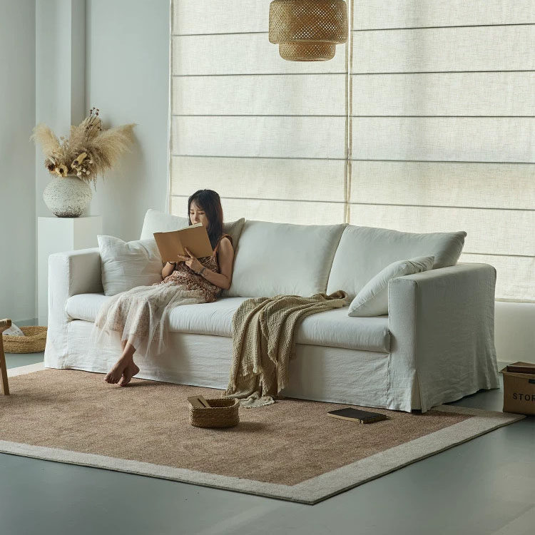 日式侘寂风亚麻棉布艺全拆洗现代极简北欧白色羽绒民宿三人位沙发