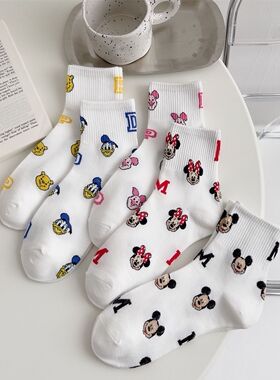 白色袜子女中筒袜夏季薄款卡通男士透气米老鼠运动韩版ins潮百搭
