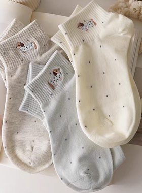 新款小狗波点袜子女短袜可爱卡通纯色ins潮短筒夏季薄款白色中筒