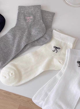 蝴蝶结袜子女款短袜夏季薄款简约透气网眼袜夏天灰色芭蕾风中筒袜