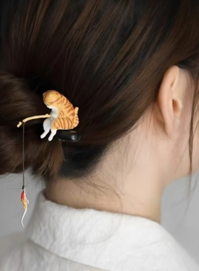 小猫钓鱼黑檀木发簪子小众可爱发饰头饰盘发日常简约木簪子女簪