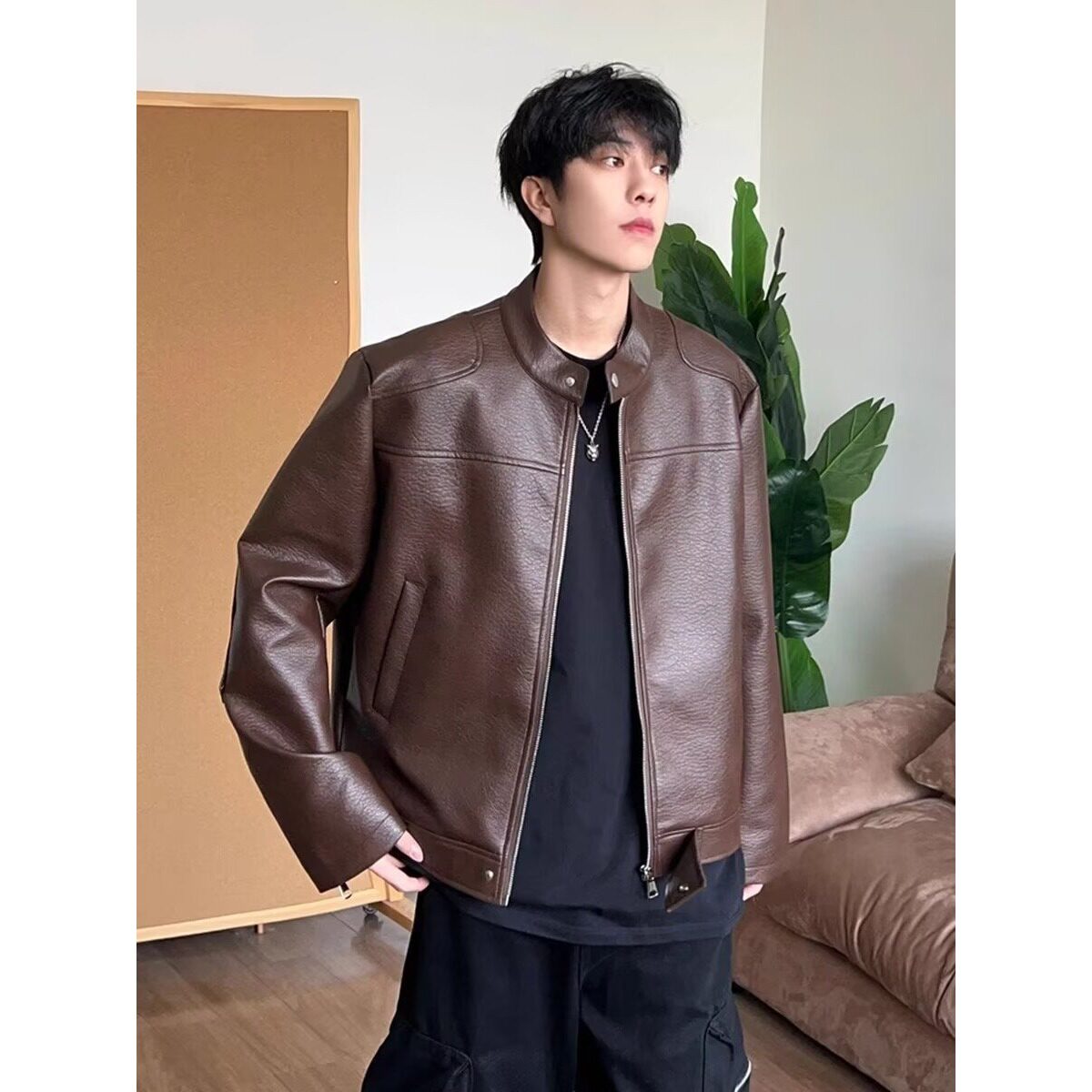 黑色短款pu皮衣外套男春秋美式机车夹克痞帅高级感cleanfit棒球服,男装夹克,星座205-3