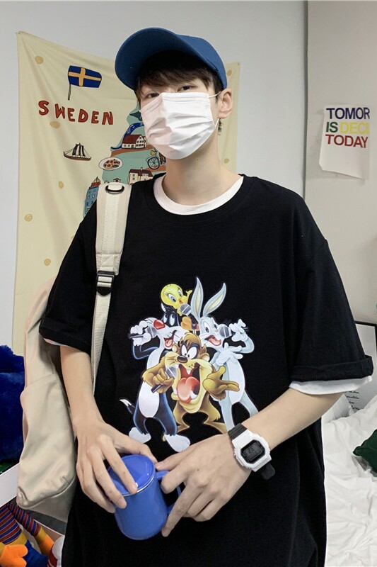 夏季卡通港风宽松字母印花短袖T恤潮流205-3#T15/P25,男装T恤,星座205-3