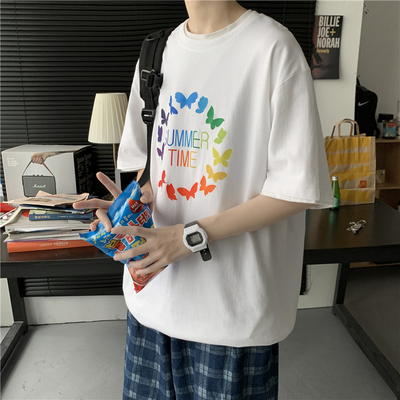 夏季港风落肩圆领短袖宽松卡通印花潮流T恤上衣205-3#T18/P25图片