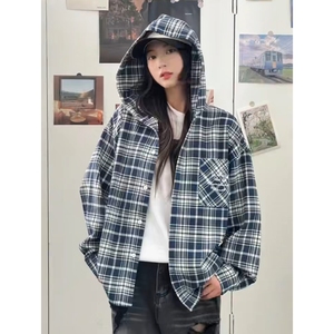 网图 404同款原版做法 全棉连帽刺绣加厚长袖格子衬衫C8636/P60图片