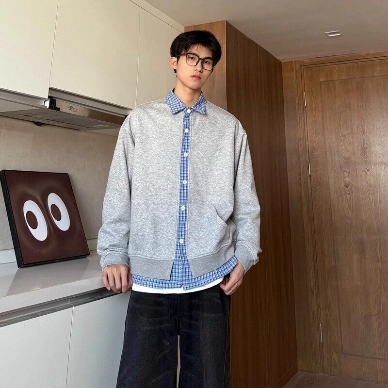 现货美式假两件卫衣开衫外套男cleanfit格子拼接上衣W208/特P45,女装短外套,星座205-3