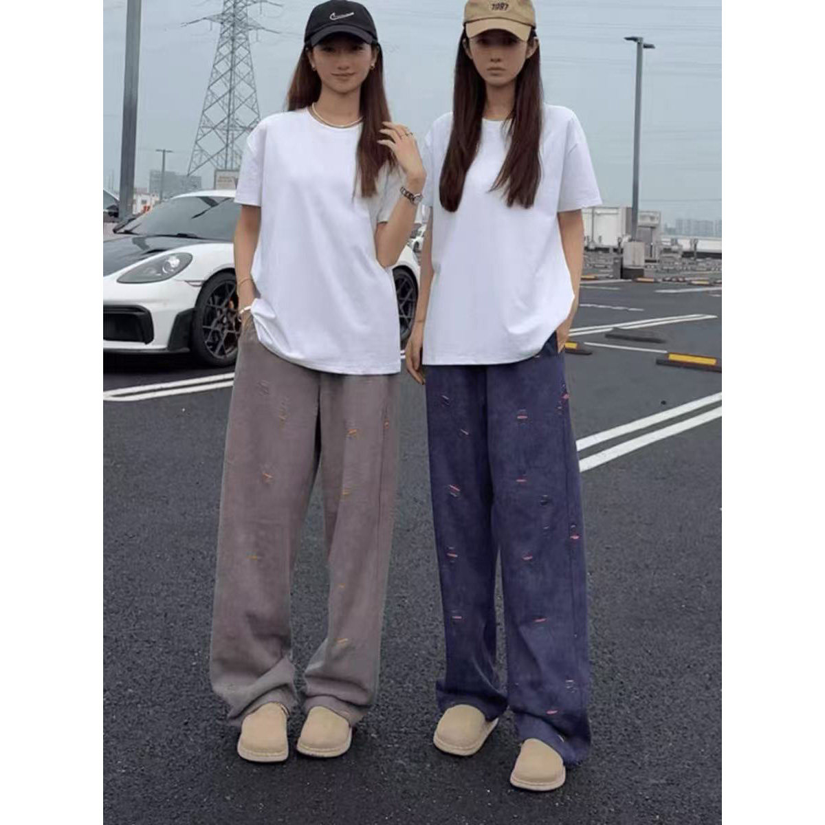 网图早秋美式撞色休闲宽松直筒破洞弯刀卫裤男女K1238/P55,男装休闲裤,星座205-3
