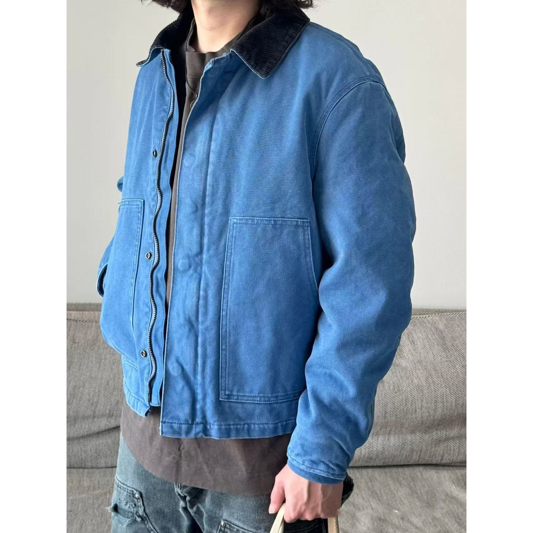 藏蓝色底特律工装外套男款春秋翻领棒球服cleanfit拼接哈灵顿夹克,男装夹克,星座205-3