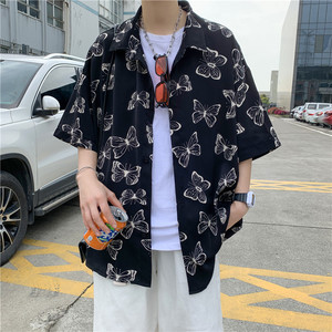 2021满身印蝴蝶夏装短袖衬衫情侣ins慵懒风宽松上衣C02/P38图片