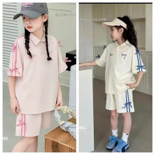 2025夏季 儿童夏装 女童套装 新款 两件套 女大童蝴蝶结POLO衫 阔腿短裤