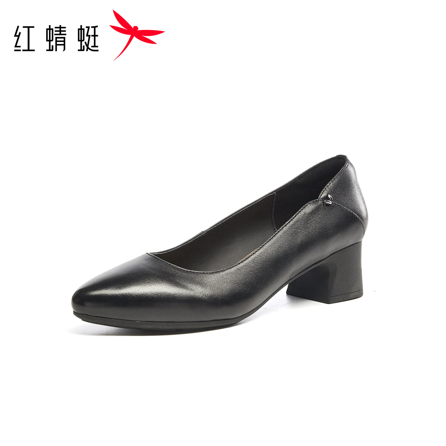 红蜻蜓秋女牛皮工装鞋中粗跟圆头