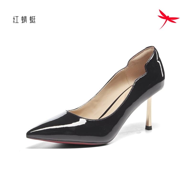红蜻蜓春女皮便鞋细高跟尖头漆皮