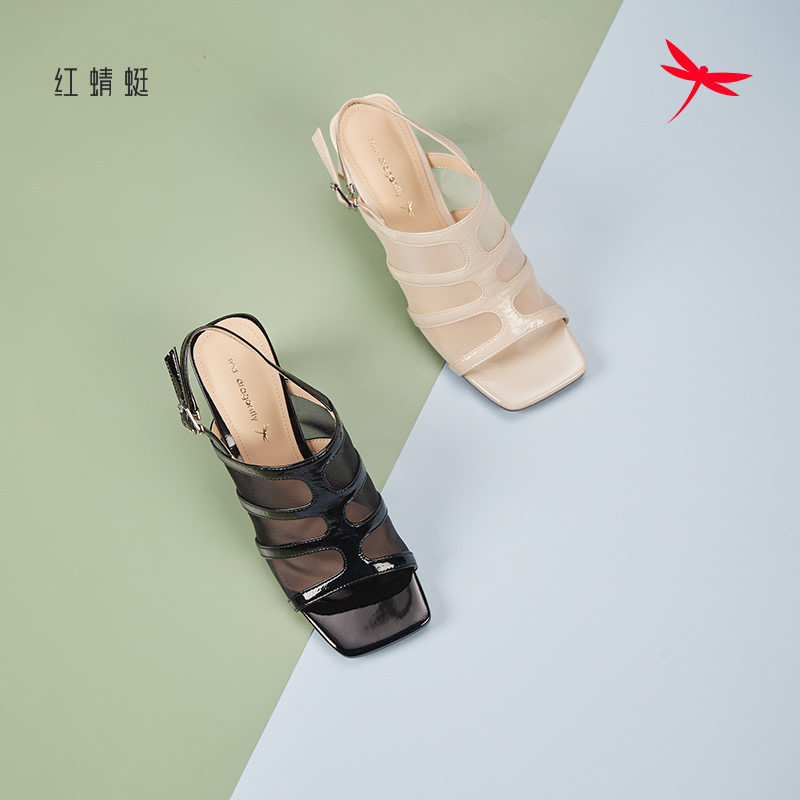 红蜻蜓夏季女凉鞋1网纱粗跟优雅图片