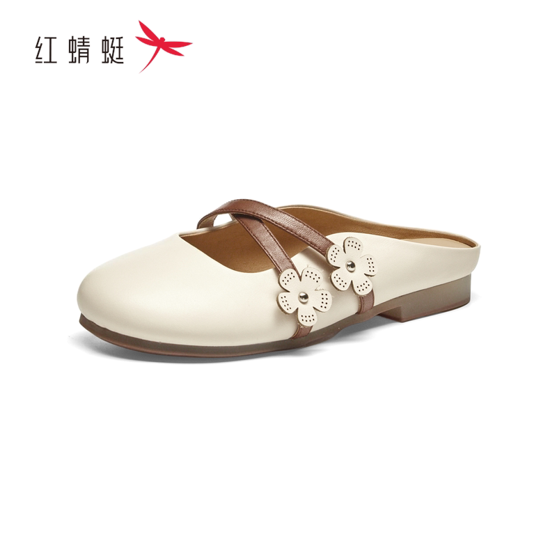 红蜻蜓夏包头女凉半拖穆勒鞋羊皮