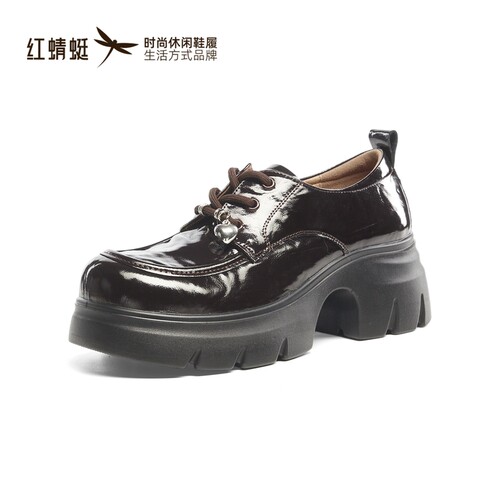 红蜻蜓秋季女士漆皮鞋乐福鞋厚底