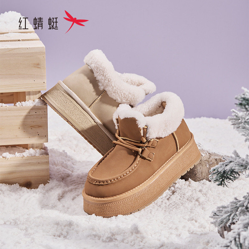 红蜻蜓女冬短筒雪地靴子厚底加绒