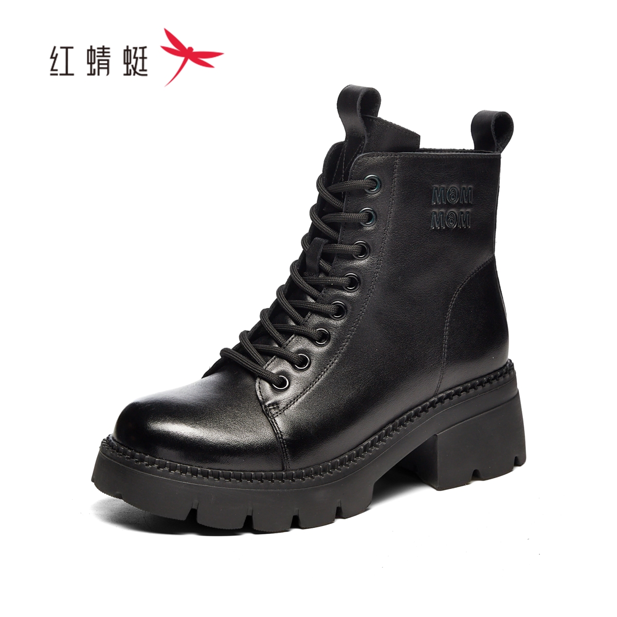 红蜻蜓冬季女马丁短筒皮靴子加绒