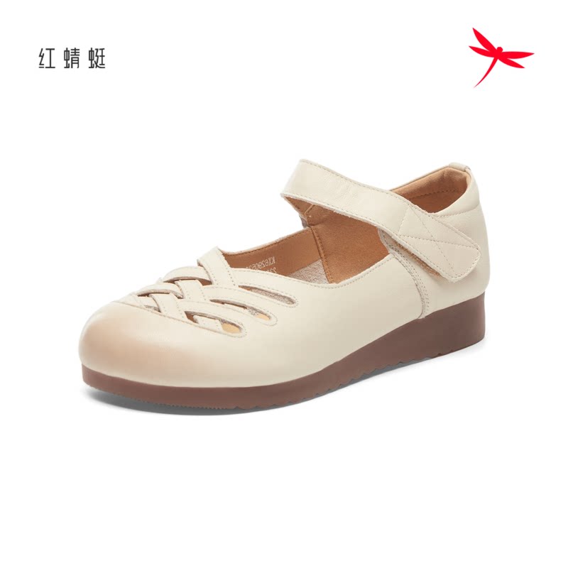 红蜻蜓夏季女士牛皮凉鞋平跟防滑