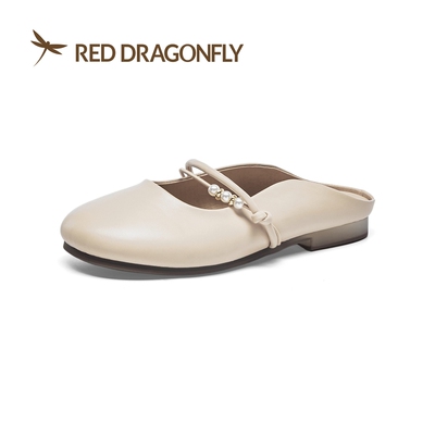 红蜻蜓春夏羊皮穆勒鞋女拖鞋珍珠