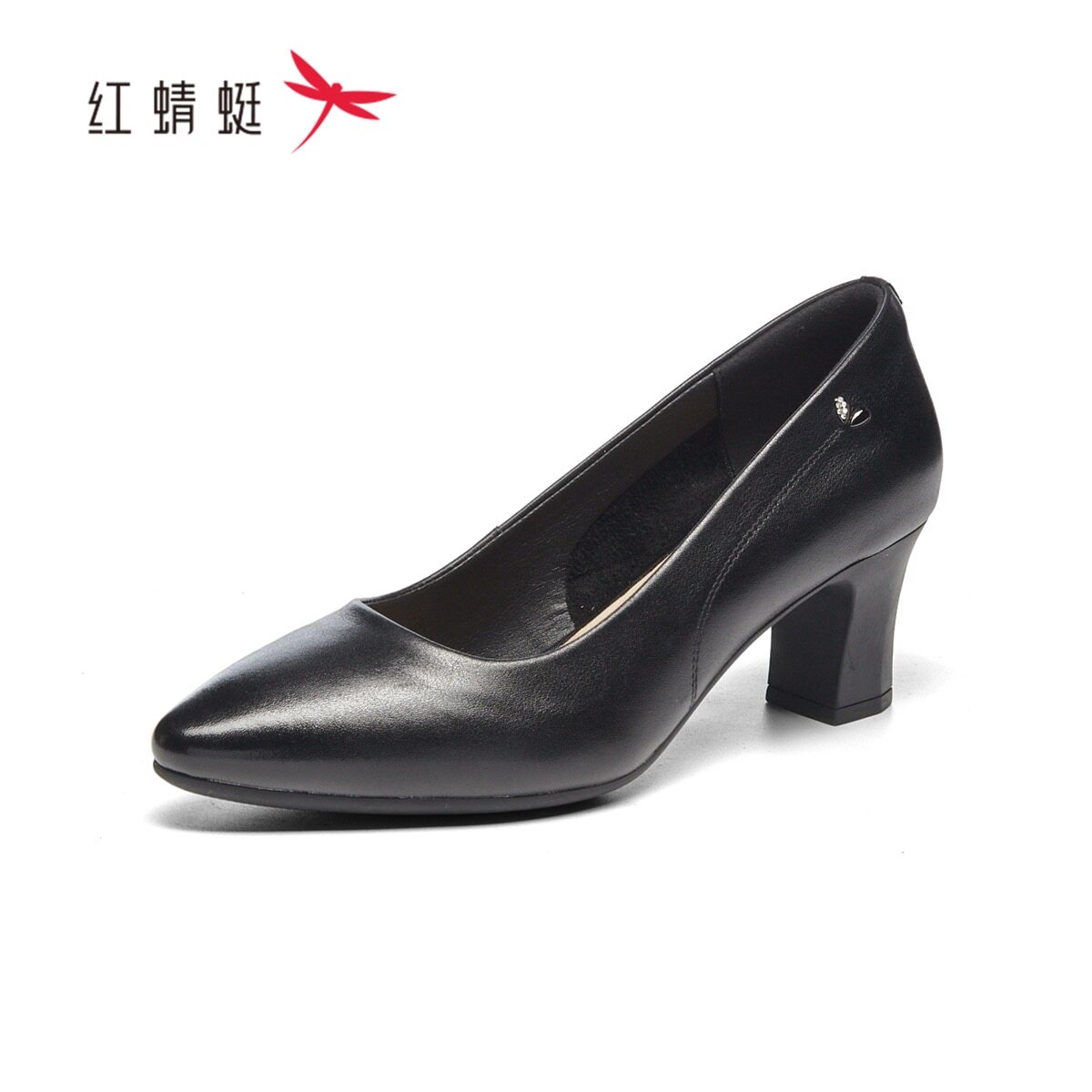 红蜻蜓春女工装牛皮鞋浅口中粗跟