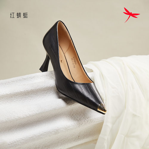 红蜻蜓新款女士羊皮小码鞋尖头