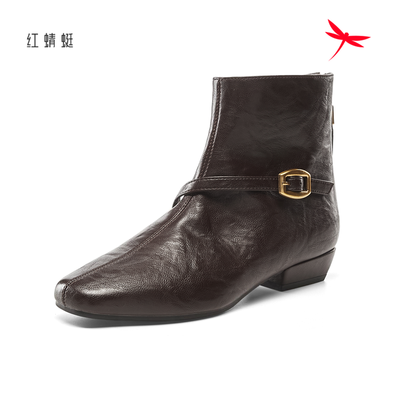 红蜻蜓冬季女士短筒靴子时装方跟