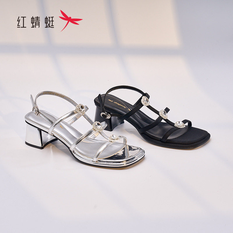 红蜻蜓夏女士皮罗马凉鞋粗跟水钻