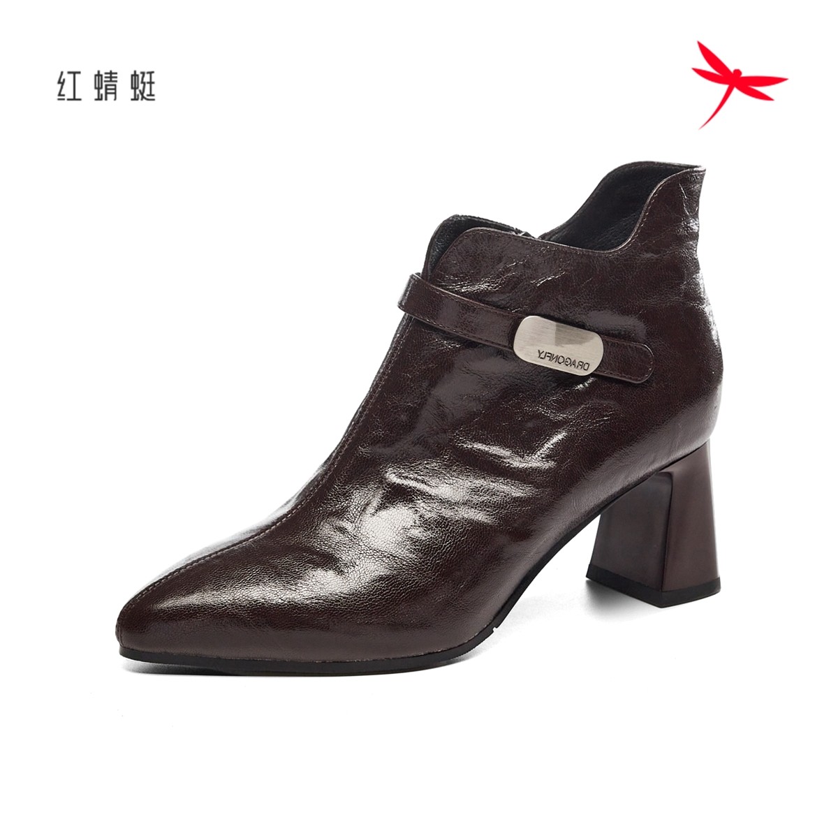 红蜻蜓冬季女士羊皮短筒靴子尖头