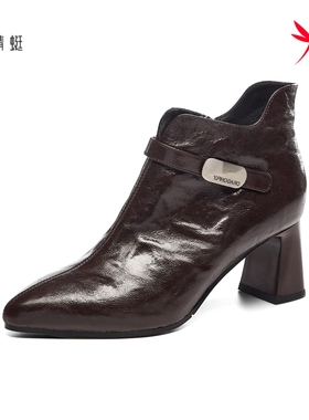 红蜻蜓2025冬季女士羊皮短筒靴子CD53007051B尖头粗方跟时装 单鞋