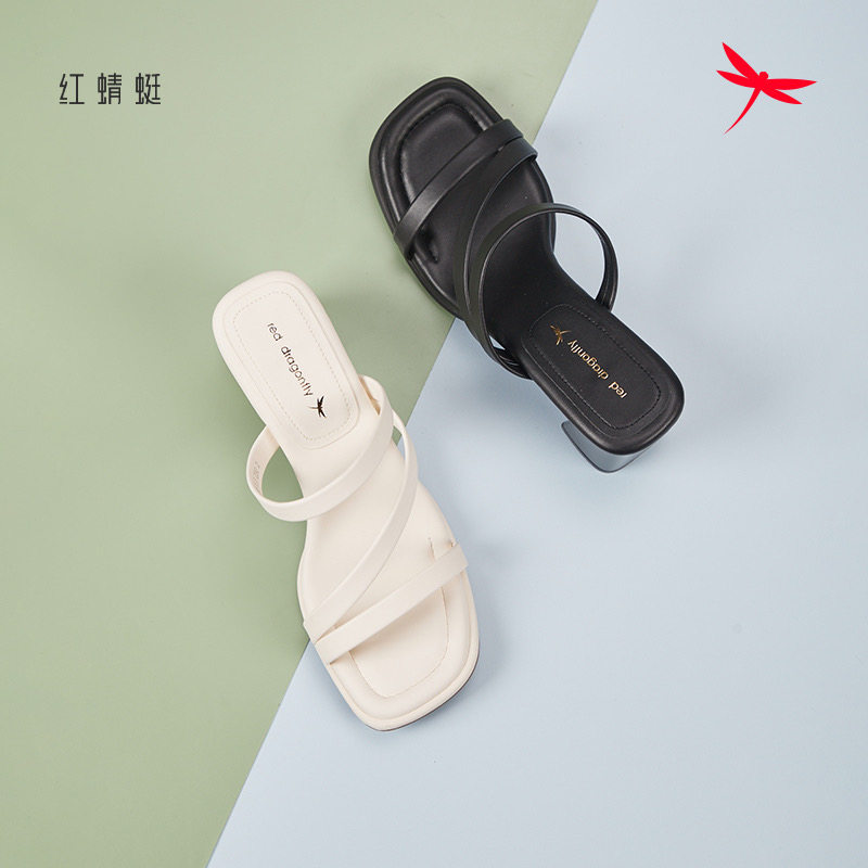 红蜻蜓夏季女凉一字拖鞋绑带粗跟