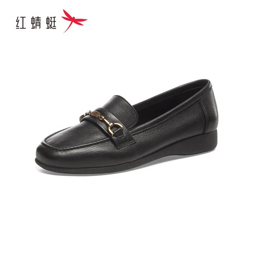 红蜻秋季女士牛皮单鞋乐福鞋平底
