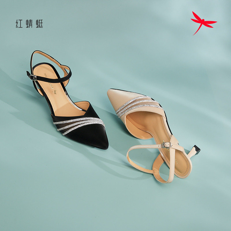 红蜻蜓夏季新女凉鞋水钻尖头包头