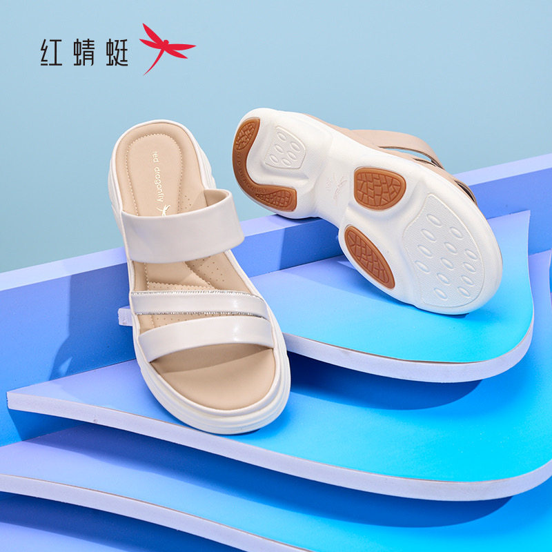 红蜻蜓2025夏女士凉一字皮拖鞋KX67046011厚底粗跟KX67046012轻便