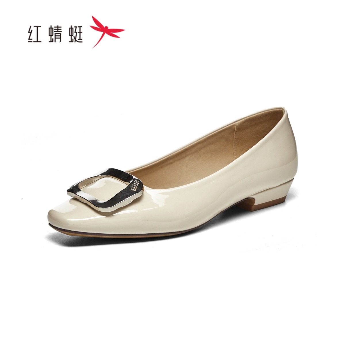 红蜻蜓春季女士漆皮单鞋方头平跟