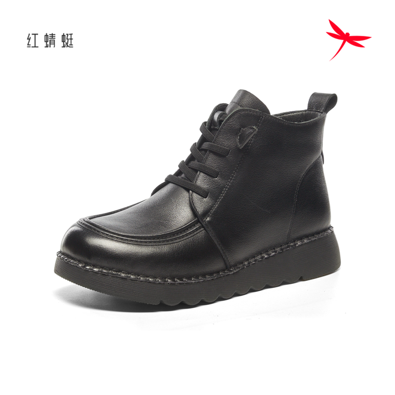 红蜻蜓冬牛皮高帮厚底女短靴加绒