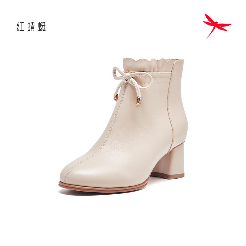 红蜻蜓冬季新款女士短筒靴子方跟