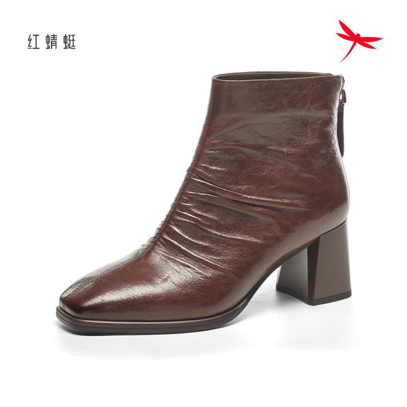 红蜻蜓冬女士短筒羊皮靴子粗高跟