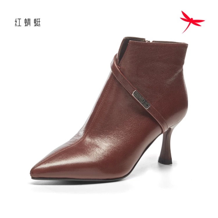 红蜻蜓冬时装靴羊皮女靴尖头短靴