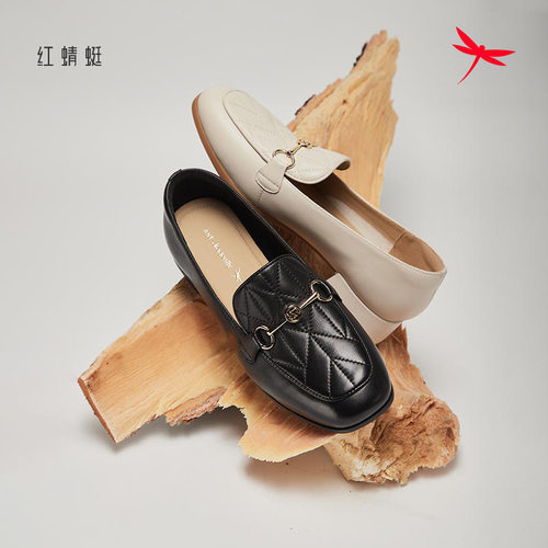 红蜻蜓新款女士羊皮乐福鞋马衔扣