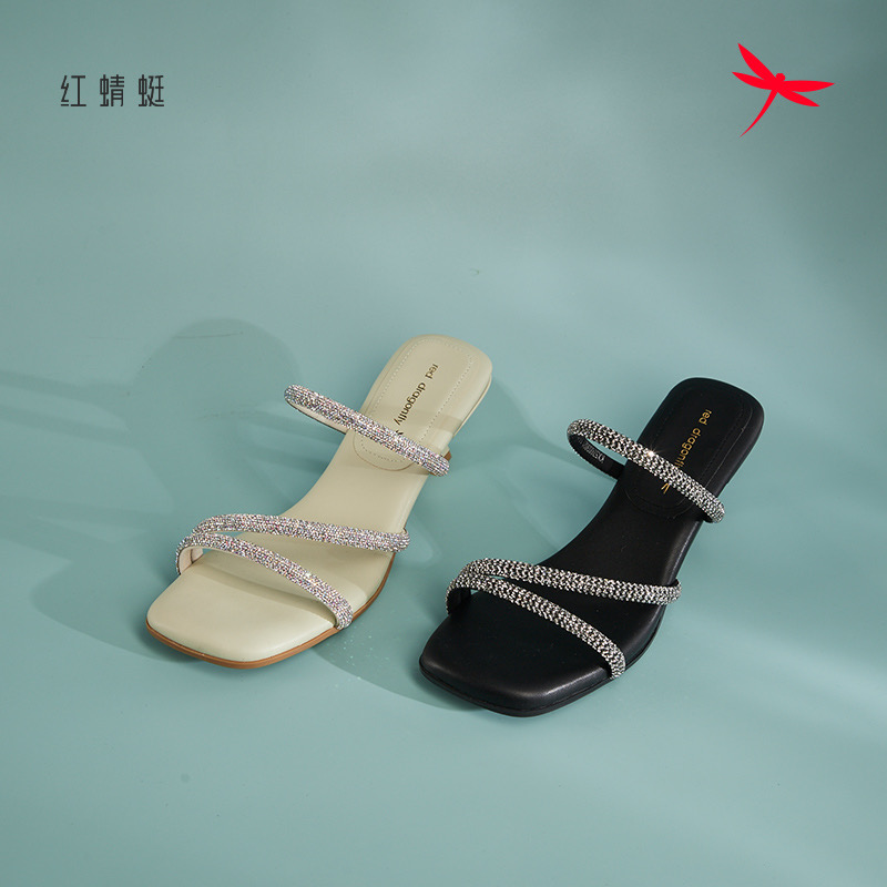红蜻蜓夏季女士凉一字皮拖鞋KX57003021细跟钻条 KX57003022时尚