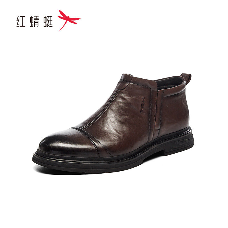 红蜻蜓冬男正装棉鞋高帮加绒牛皮