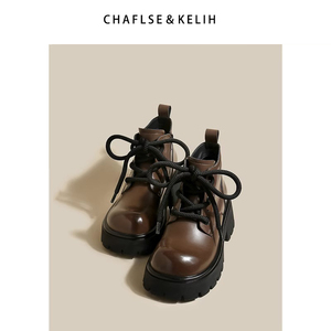 CHAFLSE&KELH厚底棕色内增高小皮鞋短靴马丁靴女款2023新款英伦风