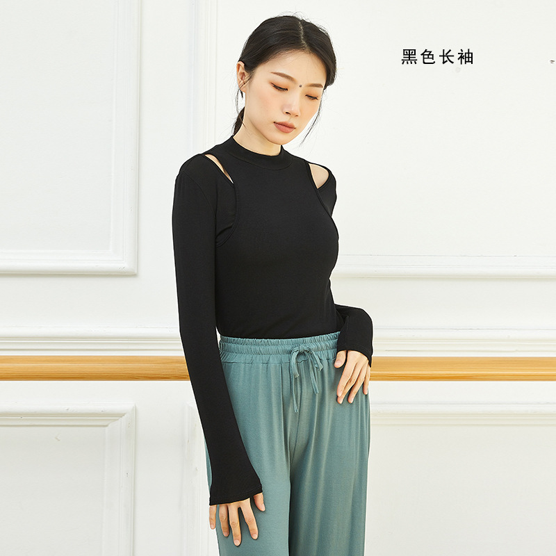 夏季现代舞蹈练功服女式修身长袖形体集训上衣黑色教师表演服艺考