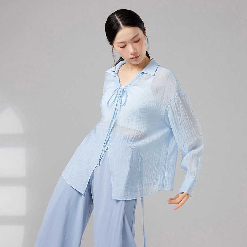 现代舞练功服上衣V领系带长袖衬图片