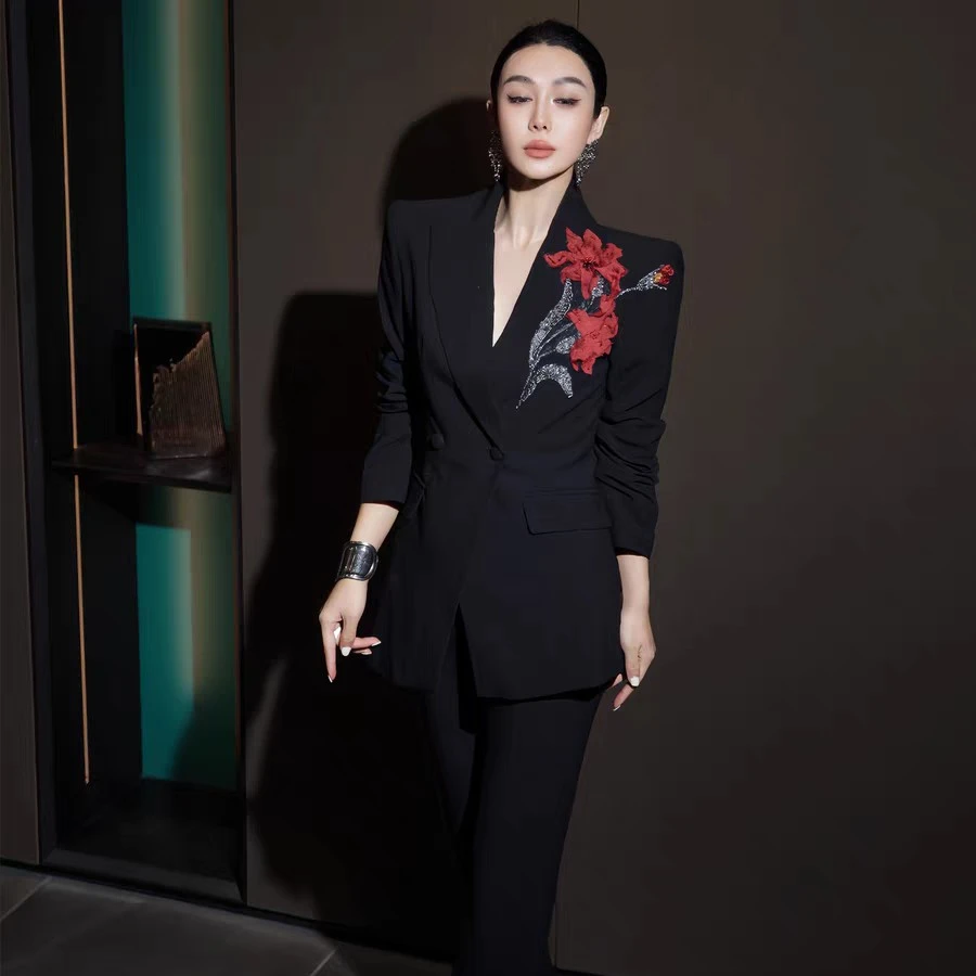 秋冬黑色女西装套装美业讲师主持人时尚轻奢外套修身气质显瘦西服