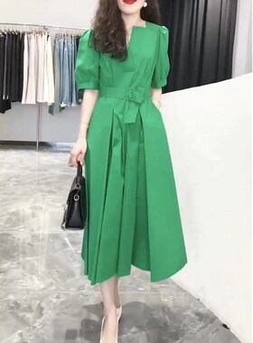 英国cherrykoko夏季新款长裙v领显瘦高腰色a字大摆裙女裙